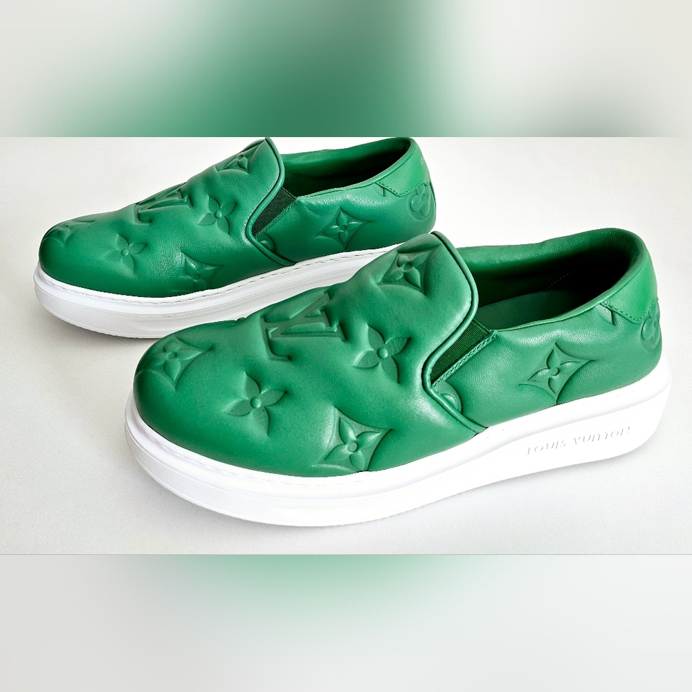 New With Tags Louis Vuitton Green Unisex Slip-on Leather Sneakers
